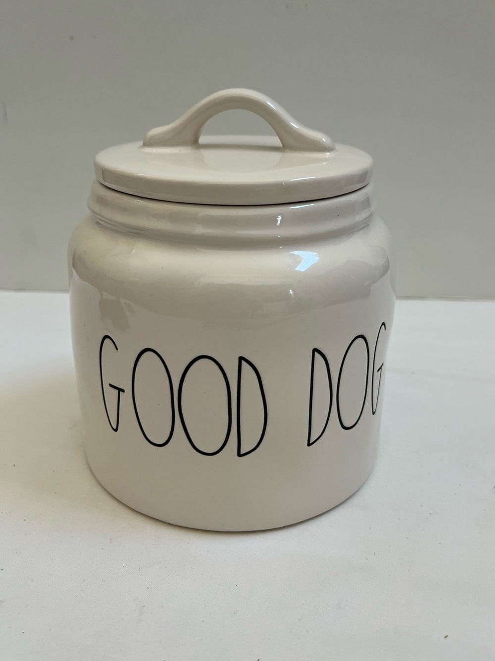 Rae Dunn Dog Food Canister With Lid "Good Dog” Chunky ABOUT 6.5" Tall Whiteish